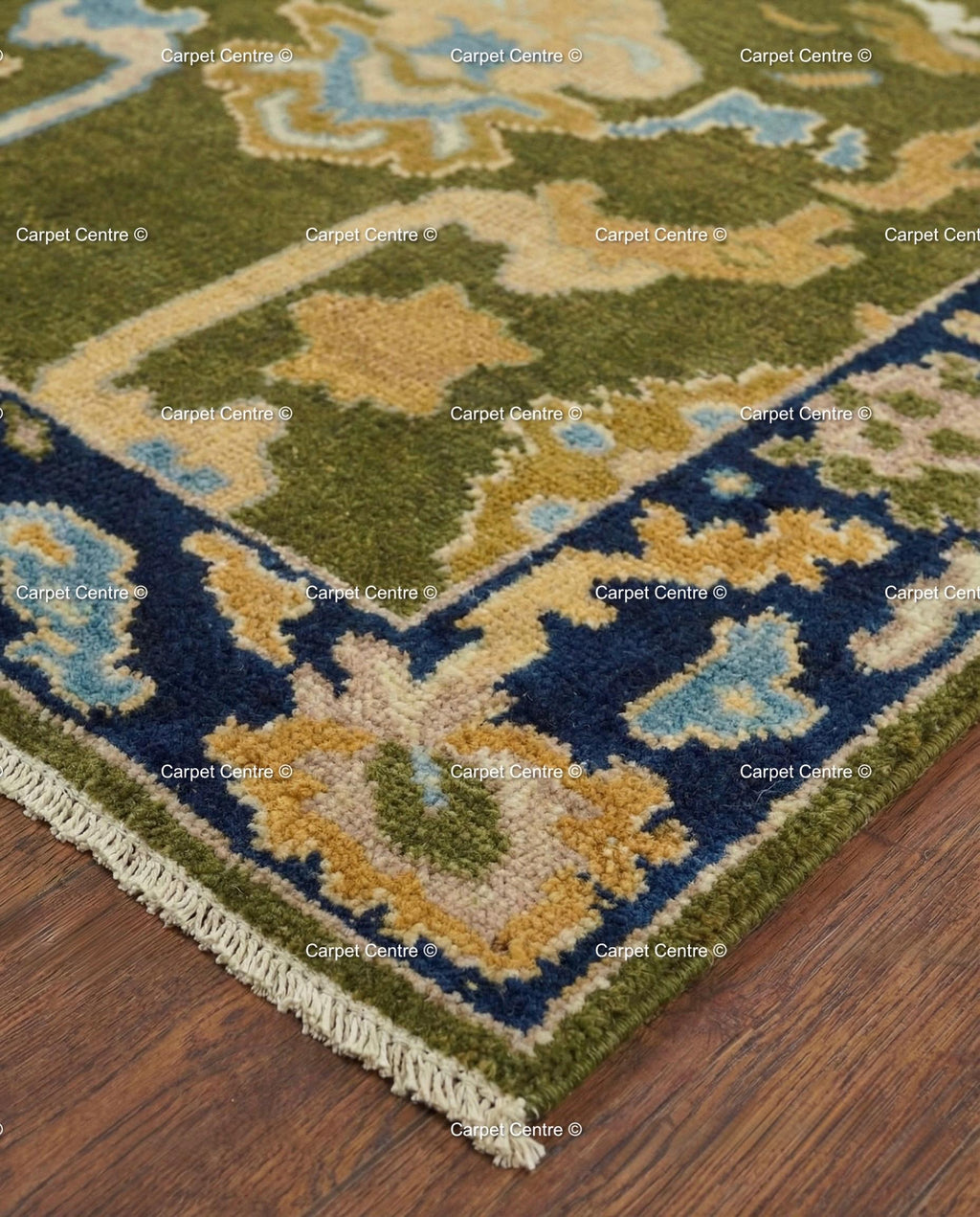 Hand Knotted Oushak Runner, Olive Green, Navy Border, Turkish Wool