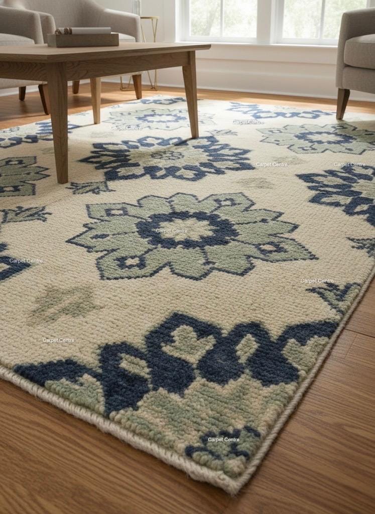 Handmade Ivory Oushak Wool Rug, Navy Blue & Sage Green Floral