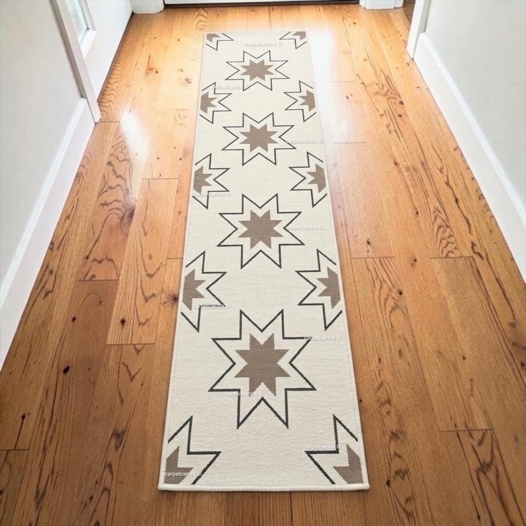 Terracotta Star Oushak Runner Rug | Geometric Navy Boho Hallway Entryway Rug