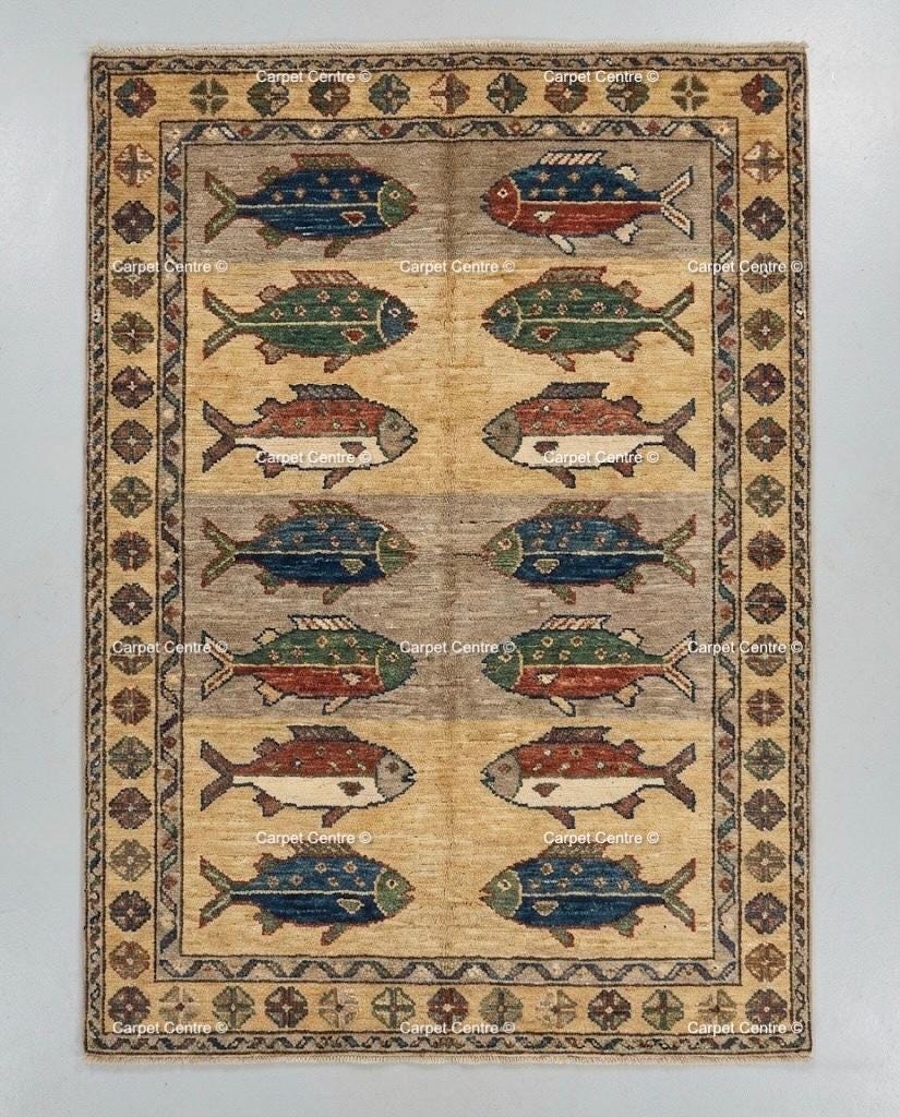 Handmade Wool Fish Rug, Turkish Oushak, Coastal Cabin Decor