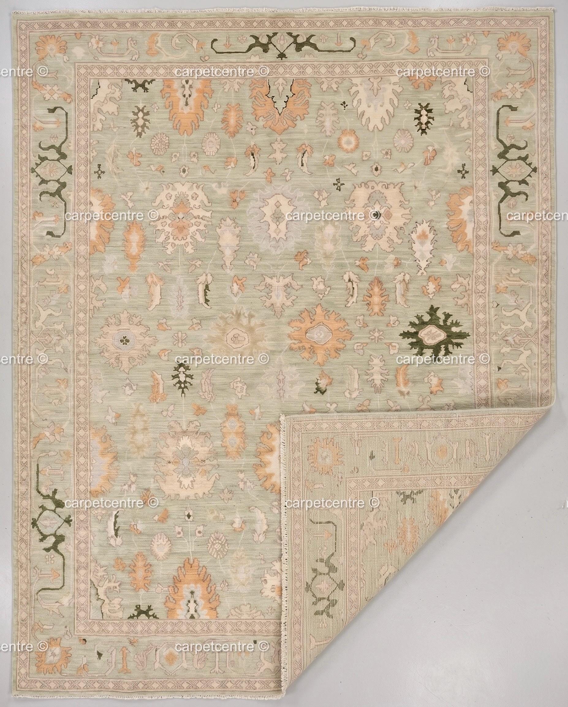 Hand Knotted Oushak Rug, Sage Green Peach Floral Wool Carpet, Turkish Style Area Rug