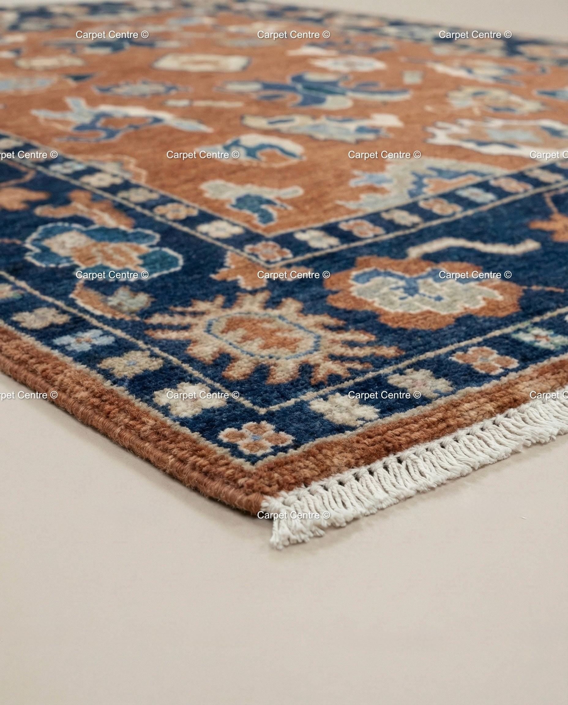 Rust Orange Oushak Rug, Navy Border, Hand Knotted Wool Carpet