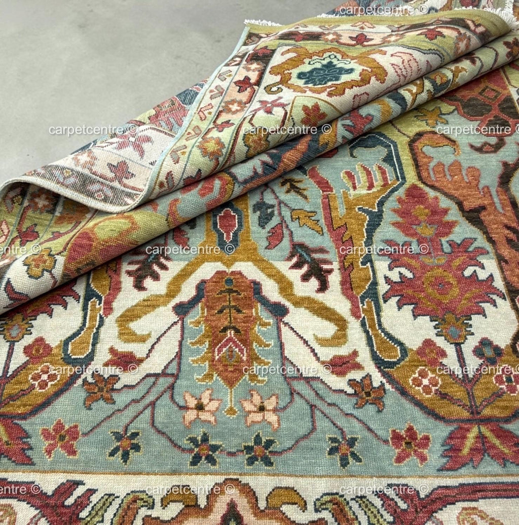 Hand Knotted Oushak Rug, Chinoiserie Botanical Wool Area Rug, Turkish Floral Carpet