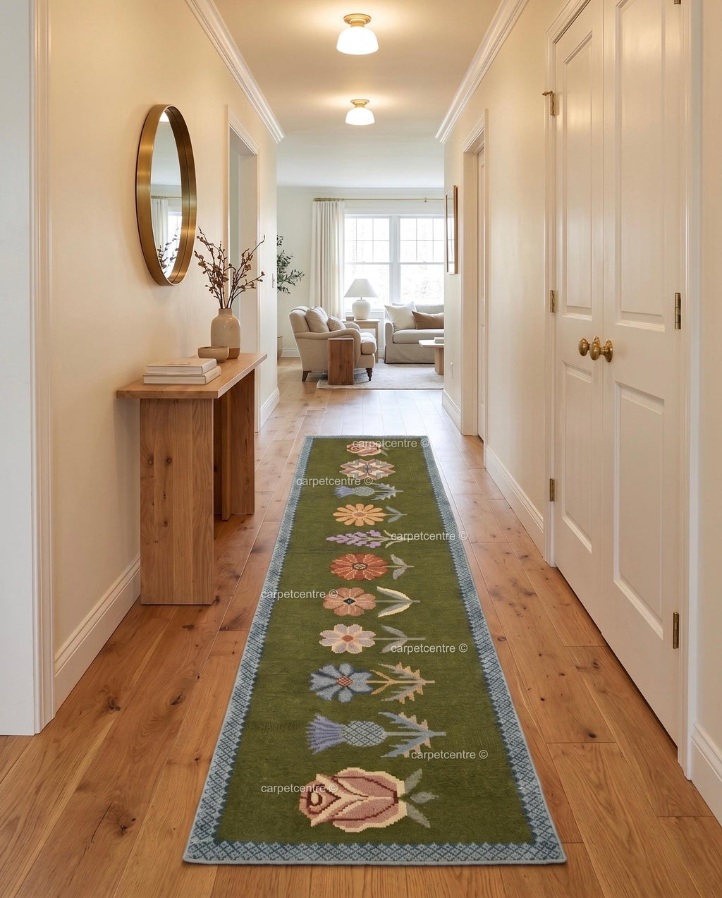 Handmade Wool Runner Rug – Olive Green Wildflower Botanical Carpet (Custom Sizes)