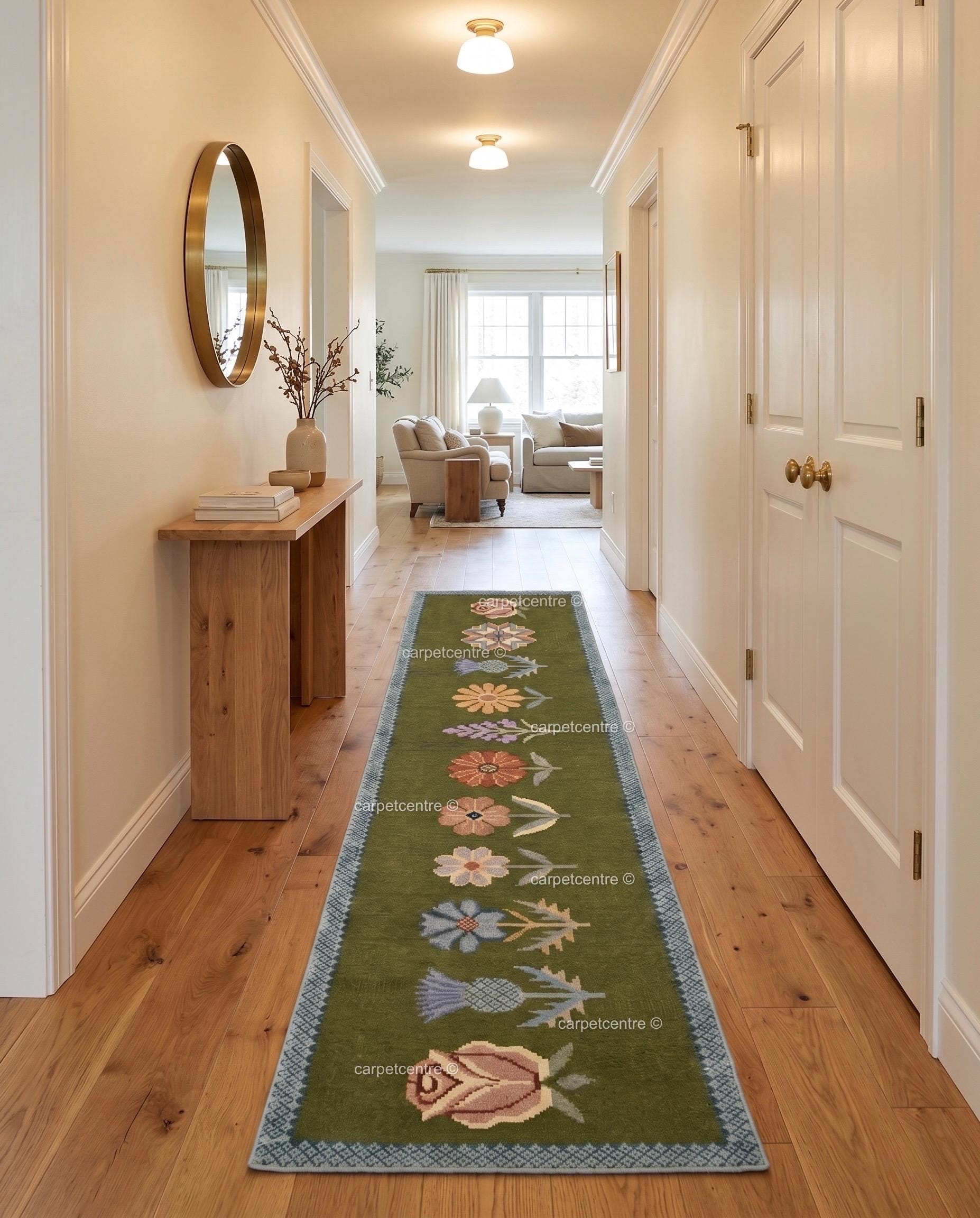 Handmade Wool Runner Rug – Olive Green Wildflower Botanical Carpet (Custom Sizes)