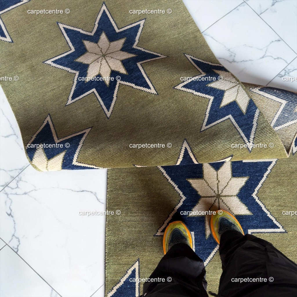 Moss Green Wool Runner Rug, Turkish Knot Star Design, Geometric Hallway Entryway Carpet