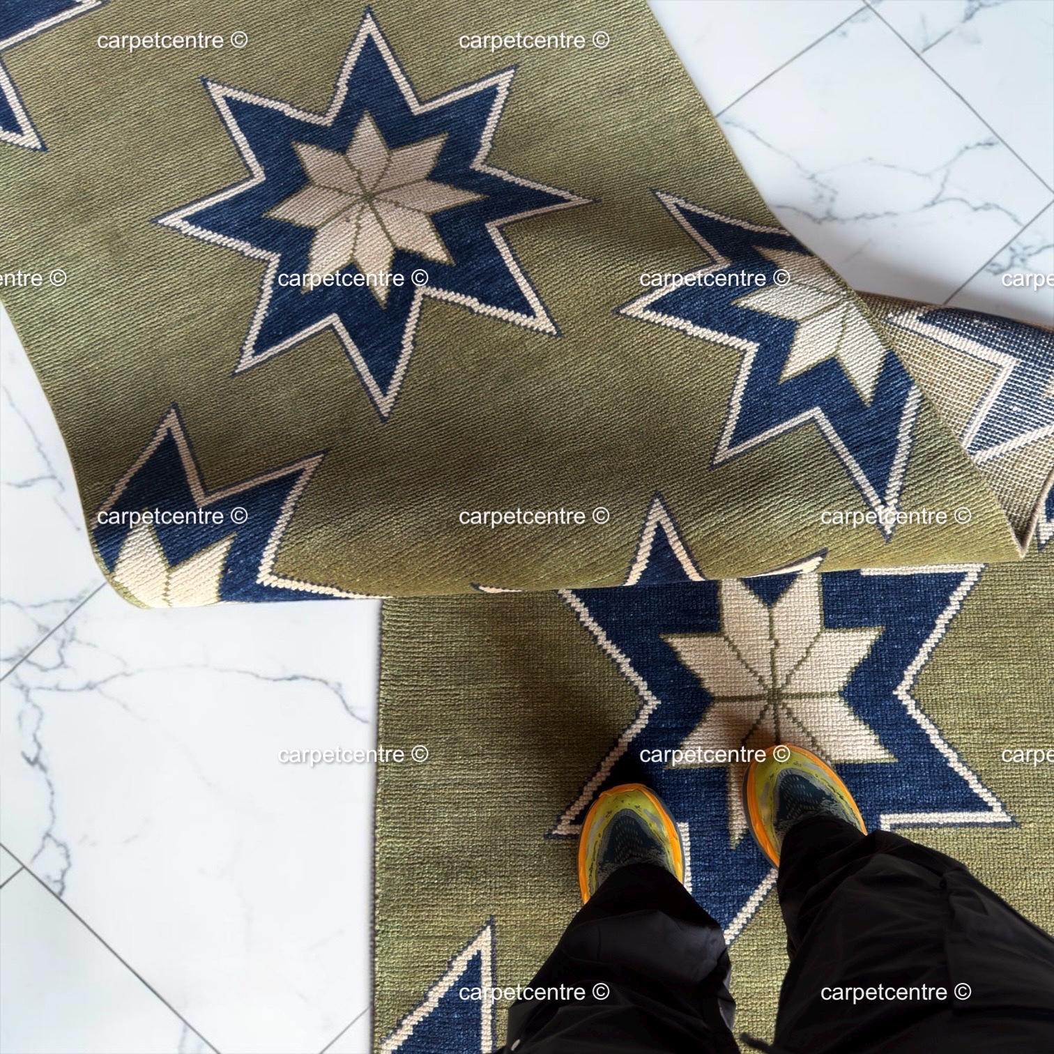 Moss Green Wool Runner Rug, Turkish Knot Star Design, Geometric Hallway Entryway Carpet