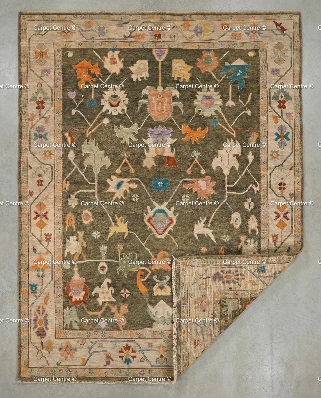 Hand-Knotted Wool Oushak Rug, Moss Green, Tribal Geometric Design